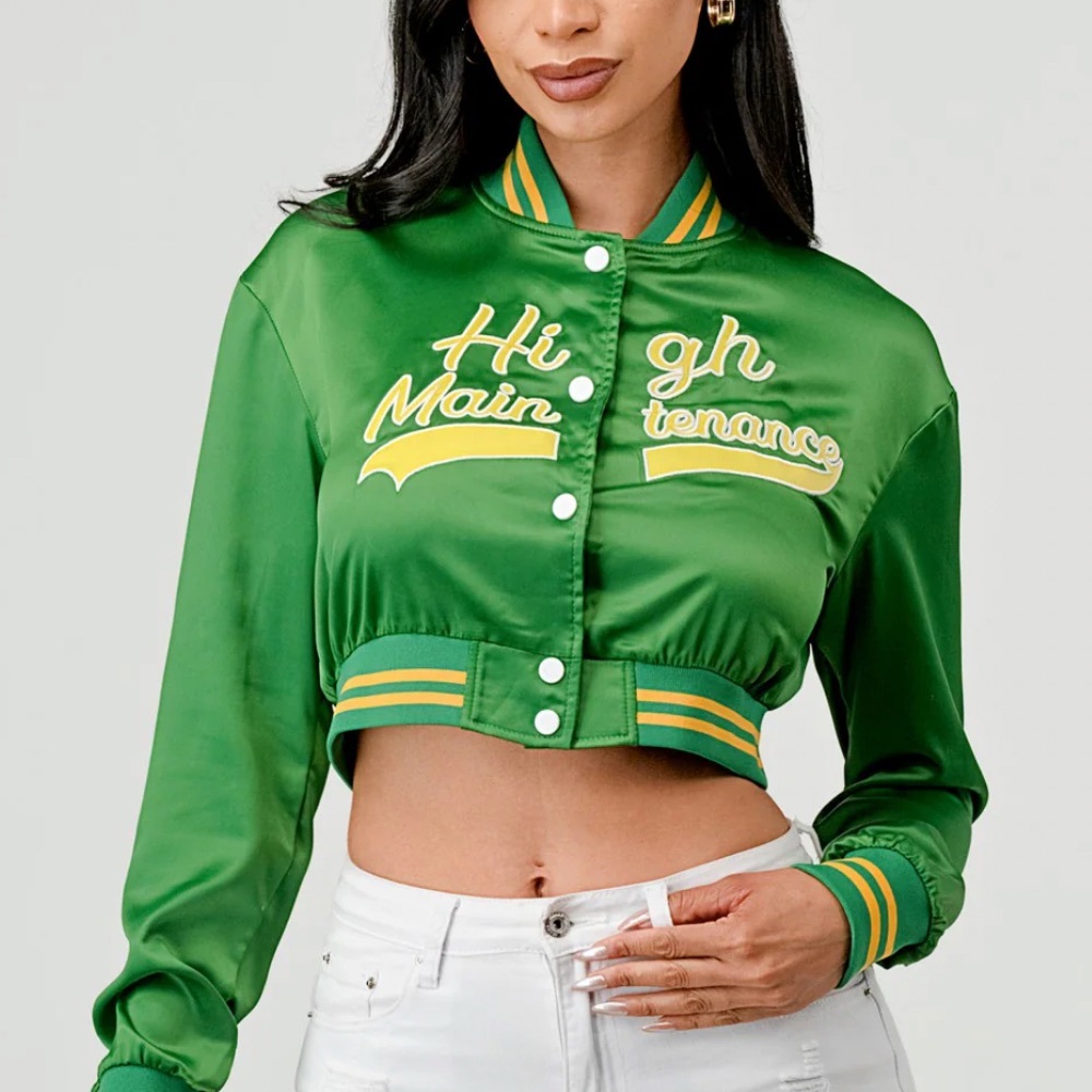 High Maintenance Cropped Varsity Jacket | Green & Yellow | Trendy Street…